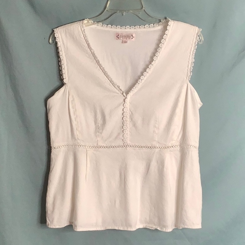Nanette Lepore White V-Neck Floral Lace-Trim Sleeveless Top Size M